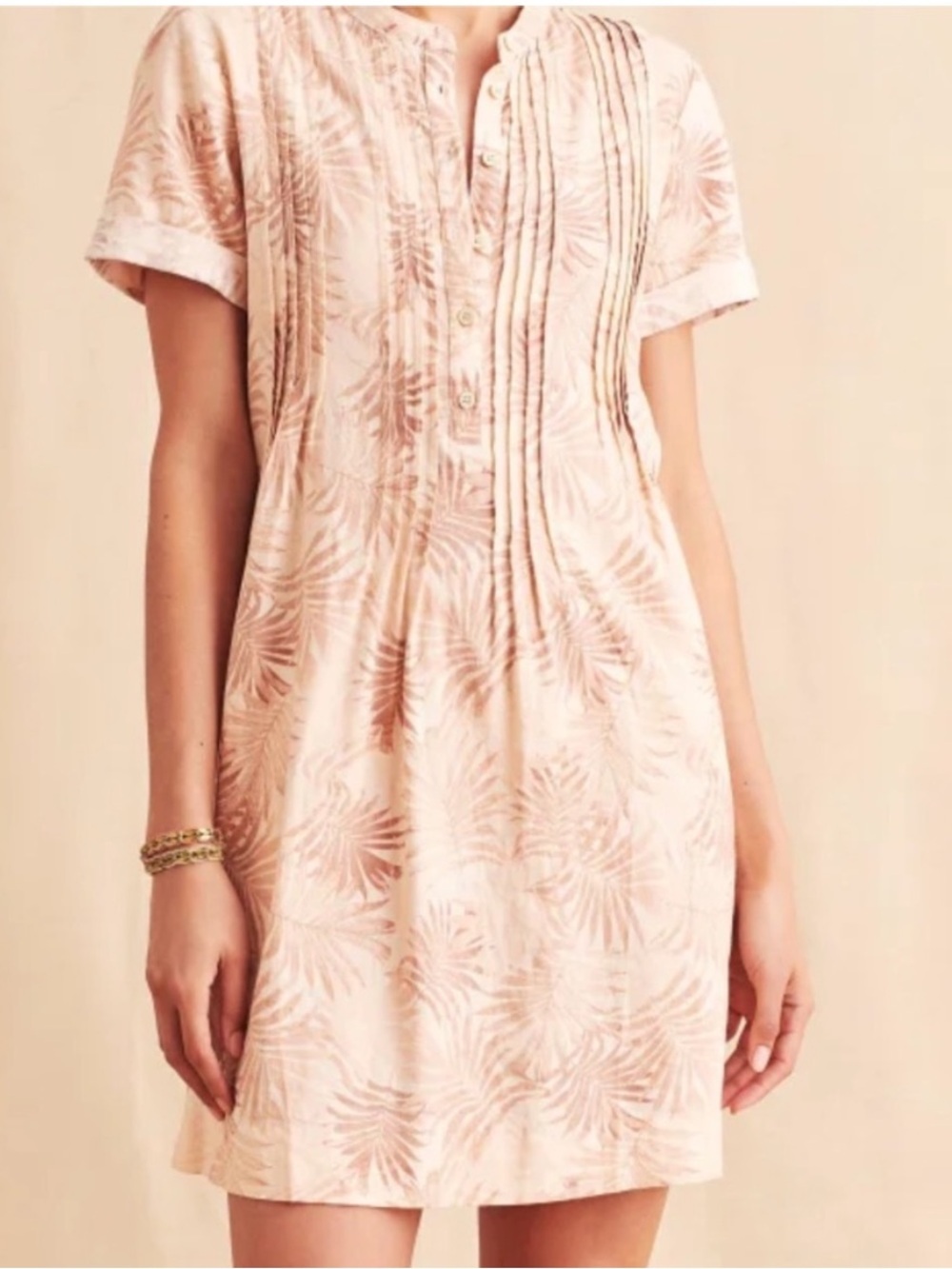 Faherty Gemina Dress Peach Tropical Palms Womens Linen Blend Sz M Beach Vacation